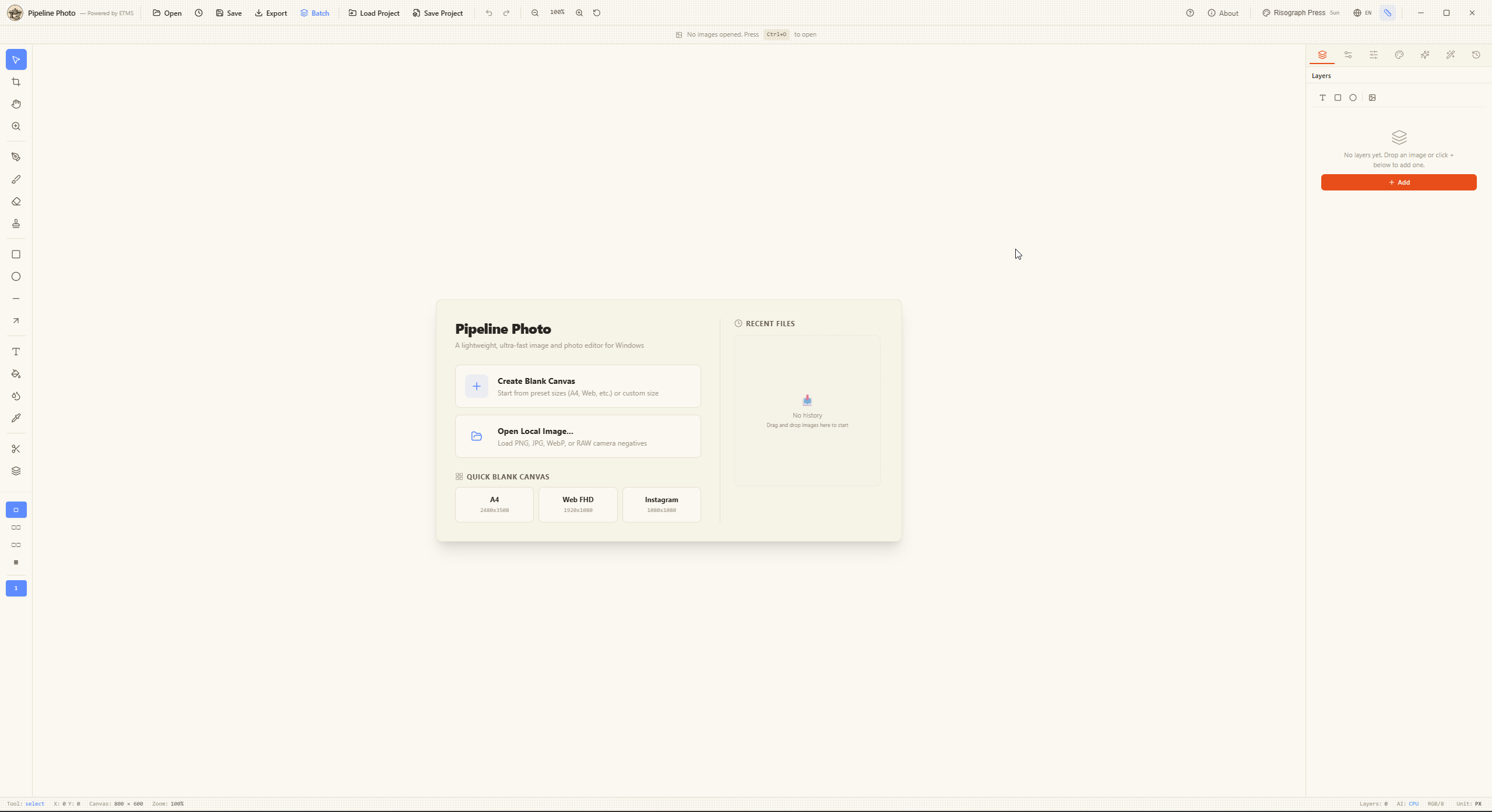 Welcome screen with quick canvas presets